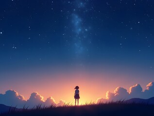 Fototapeta premium animation style, A girl looking at the night sky in the grass background. Generative ai