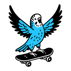 budgerigar parrot on a skateboard funny illustration 