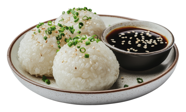 Delicious rice balls served with soy sauce, cut out - stock png. - Powered by Adobe