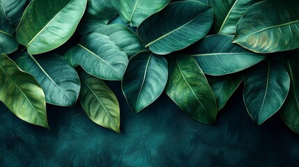 Lush green leaves arranged artistically on a dark background for a natural aesthetic.
