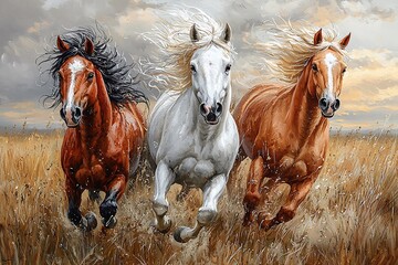 Three Majestic Horses Running Through a Golden Field at Sunset, a Vibrant Oil Painting.