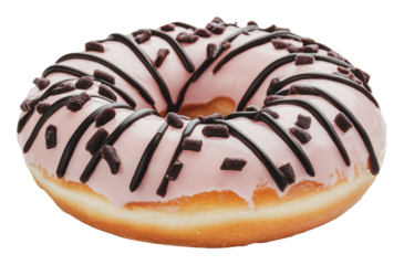 Pink frosted donut with chocolate drizzle, cut out - stock png.