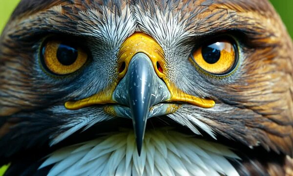 A close-up of a hawk's face, showcasing its sharp eyes and detailed feathers.