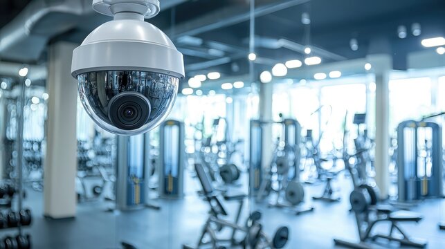 Modern Surveillance Camera Overlooking a Spacious Gym with Exercise Equipment