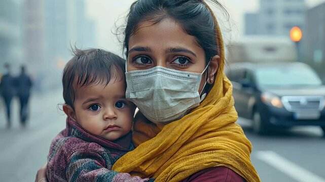 Little Indian baby and mother wearing mask in public crowded place for protect and to stop virus outbreak