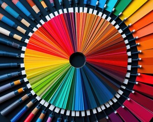 Fototapeta premium A vibrant arrangement of colored pencils in a circular pattern, showcasing a spectrum of colors from red to blue.