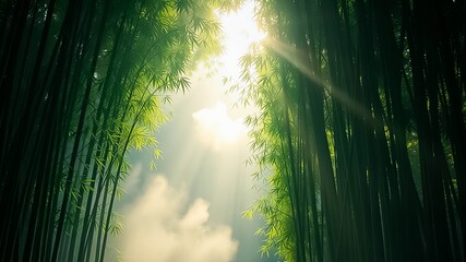 Sunbeams Illuminate a Serene Bamboo Forest, Creating a Mystical and Peaceful Atmosphere