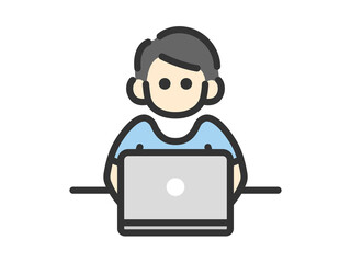 正面から見た、ノートパソコンを使う男性のアイコン（線画カラー）のイラスト