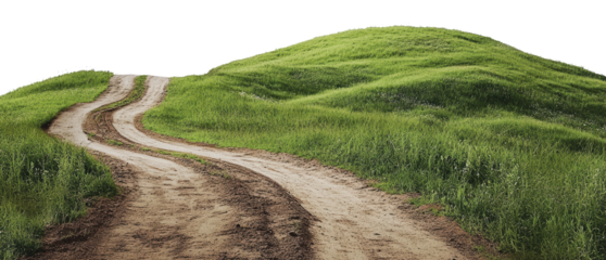 Winding dirt road through lush green hills, cut out - stock png.