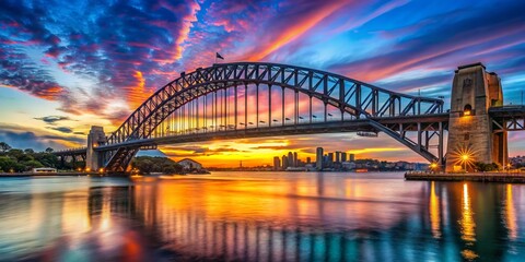 Naklejka premium Stunning Architectural Photography of Sydney Harbour Bridge at Dusk with Vibrant Sky and Reflections on Water, Capturing the Essence of Australian Landmarks and Nightlife