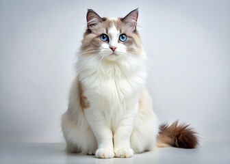 Stunning Blue Bicolor Ragdoll Cat Posing Elegantly on a Bright White Background, Showcasing its Fluffy Fur and Charming Features Ideal for Pet Lovers and Cat Enthusiasts