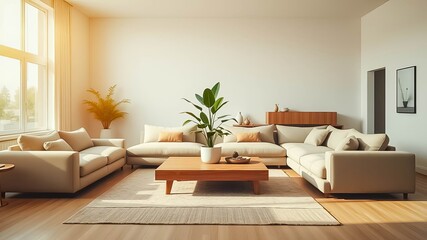Modern minimalist living room interior design with sunlight streaming through a large window, featuring a beige sectional sofa, wooden coffee table, and potted plants.
