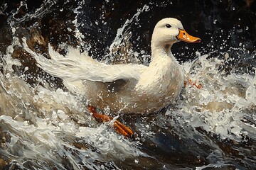 Impasto Painting of a White Duck Swimming in Turbulent Water.