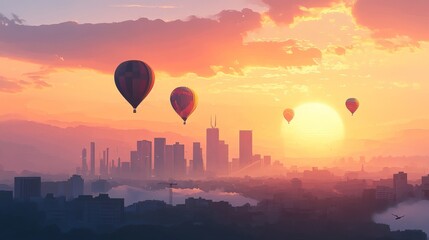 Fototapeta premium A city skyline with hot air balloons floating in the morning sky