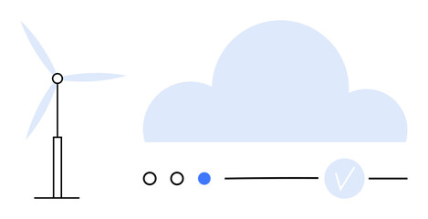 Wind turbine beside a cloud symbol with progress indicators and a check mark. Ideal for sustainability, renewable energy, cloud computing, progress, technology, environmental, data security themes