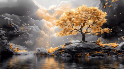 3D wallpaper with a golden tree, a black and white landscape background, fantasy trees on rocks in water, golden light shining through clouds, and golden leaves