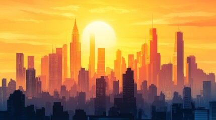 Fototapeta premium A cityscape with a skyline of iconic skyscrapers against a golden sunset