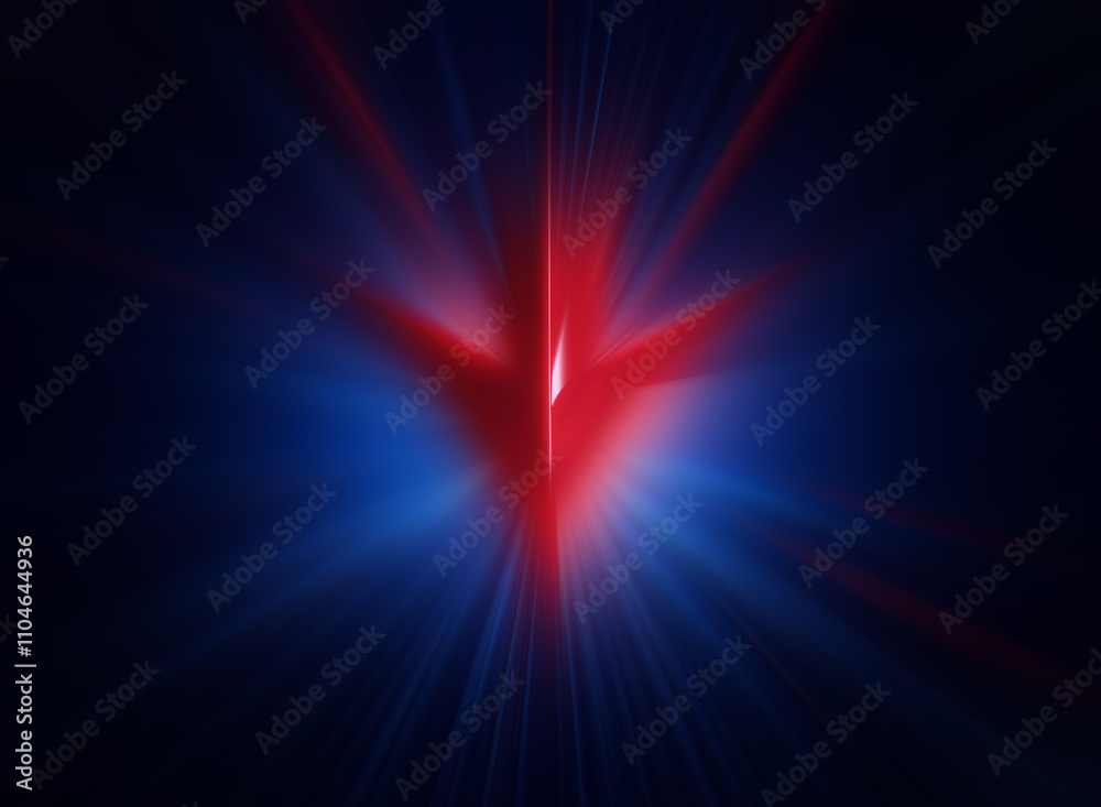 Poster a red arrow pointing down, glowing with light, set against a dark blue background with radiating lin