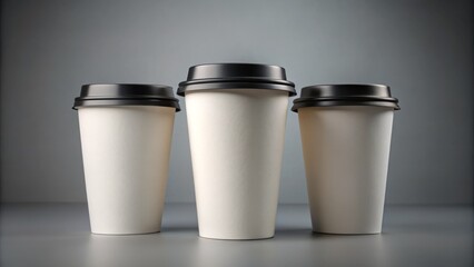 Three Stylish White Paper Cups with Black Caps on Simple Gray Background, Perfect for Takeaway Coffee, Tea, or Beverage Presentation with Ample Copy Space for Branding or Marketing