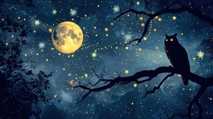 Silhouette of owl on branch, large moon, starry night.
