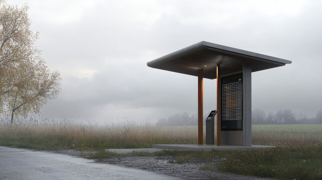 Futuristic Bus Stop: Solar Powered Display, Recycled Shelter, Gloomy Day - Powered by Adobe