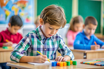 A focused young schoolboy diligently works on an assignment at his desk in a classroom, surrounded by classmates.