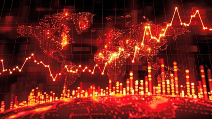 Fototapeta premium Global market downturn illustrated with a world map and red graphs showing economic decline.
