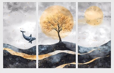 3-piece abstract art with a golden tree, yellow sun, and blue whale, a deer running in the forest, on a gray background