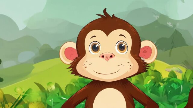 A cartoon monkey smiling in a jungle setting, radiating cheerfulness and playfulness. Perfect for children&rsquo;s stories or lighthearted content.