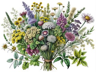 Fototapeta premium Collection of Meadow Herbs Bouquets in Black and White Line Art Style - Botanical Set of Wild Herbs for Nature Lovers and Illustrators