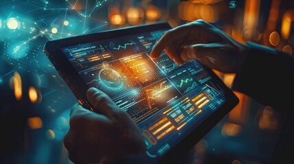 Hands using tablet displaying futuristic data analytics interface.