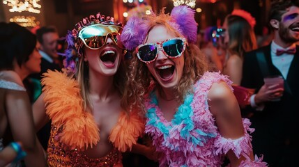 A costume party with guests dressed up in creative outfits, dancing and laughing
