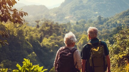 A couple of older adults hiking on a scenic mountain trail, capturing their adventurous spirit