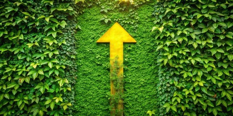 Vibrant Green Wall with a Centered Yellow Arrow and Lush Green Leaves Above for Nature-Inspired Decor and Directional Guidance