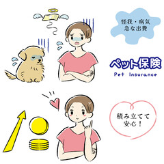 体調不良の犬と治療費に困る飼い主の女性のイラストセット