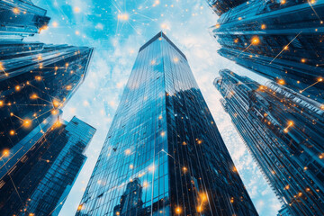 Obraz premium Modern Cityscape: Networked Towers, Blue Glass, Urban Skyline