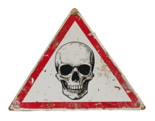 Caution sign with skull symbol in a vintage style, cut out - stock png.