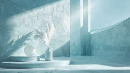 Minimalist blue scene with pampas grass, sphere, and podium.