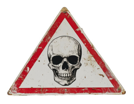Caution sign with skull symbol in a vintage style, cut out - stock png.