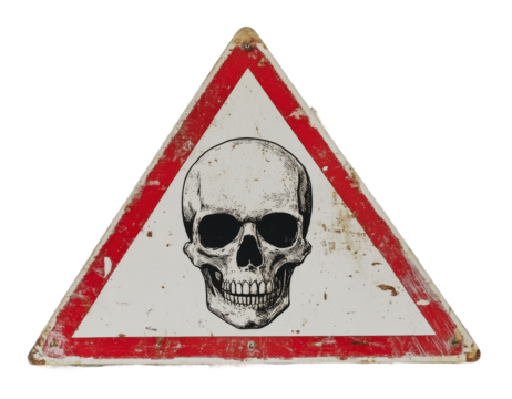 Caution sign with skull symbol in a vintage style, cut out - stock png.