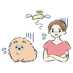 体調不良の犬と治療費に困る飼い主の女性のイラストセット