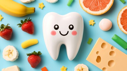 Happy Tooth and Healthy Foods: A cheerful cartoon tooth surrounded by fresh fruits, vegetables, and dairy products on a vibrant blue background. Promoting healthy eating habits for strong teeth. 