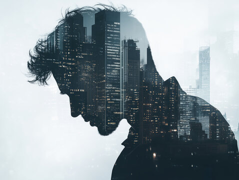 A double exposure image of a silhouetted businessman working in a city center office, with urban skyline blending into the figure, creating a dynamic visual of business and modernity, photorealistic - Powered by Adobe