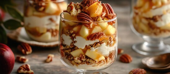 Festive fall parfait with pumpkin spice yogurt, roasted pecans, and apple chunks, warm and seasonal 