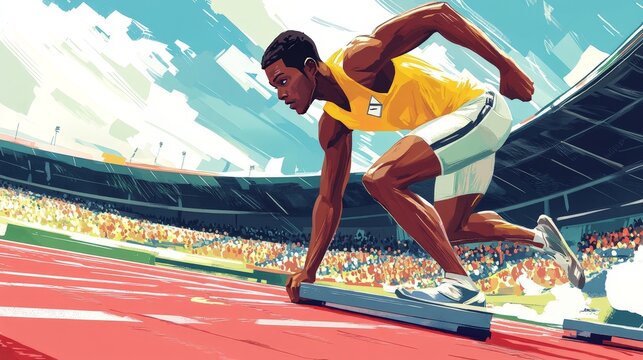 A determined sprinter at the starting blocks, focused on the race ahead, with a stadium crowd in the background