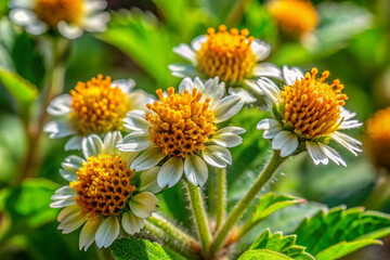 Close-up of several small white and yellow wildflowers with vibrant green foliage in sunlight.
