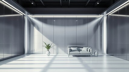 Modern Minimalist Interior Design A Contemporary Lounge Space with Metal Walls and Subtle Lighting
