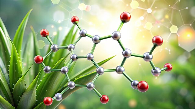 Aloe-Emodin Molecular Structure, 3D Chemical Formula, Anthraquinone Derivative, Bokeh Background,  Scientific Illustration