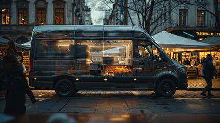 Fototapeta premium Illuminated mobile shop van parked on city street at night.