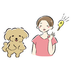 ジャンプする犬とアイデアを思いつく飼い主のイラストセット